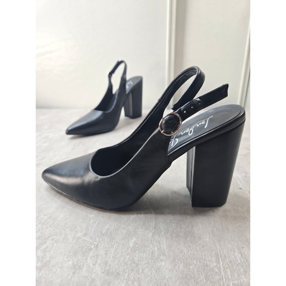 London Rag Pointed Toe Block Heel Black Faux Leather Slingback Pumps Dress Shoes